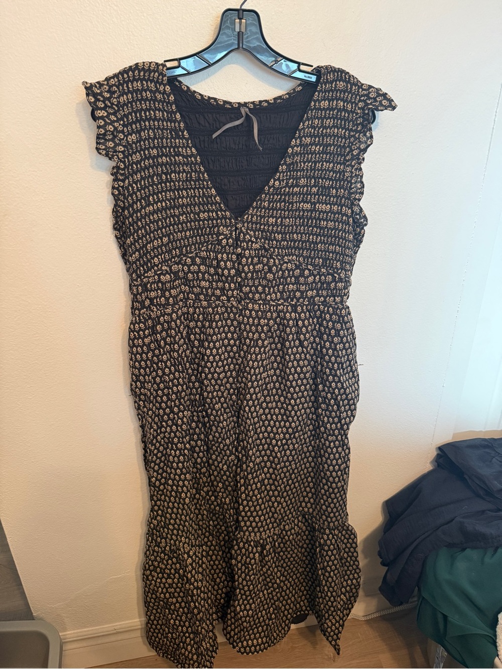 Anthropologie Black and Cream Peregrine Printed V-Neck Midi Dress